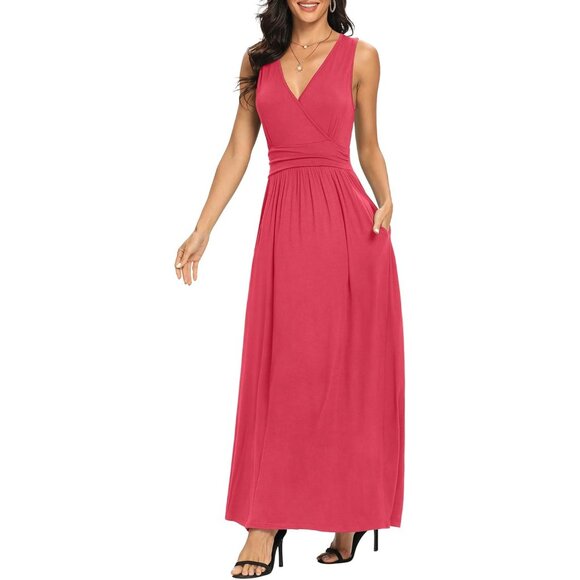 Women Peach Red Deep V Neck Sleeveless Loose Plain Long Maxi Stretchy Dress - Picture 4 of 6